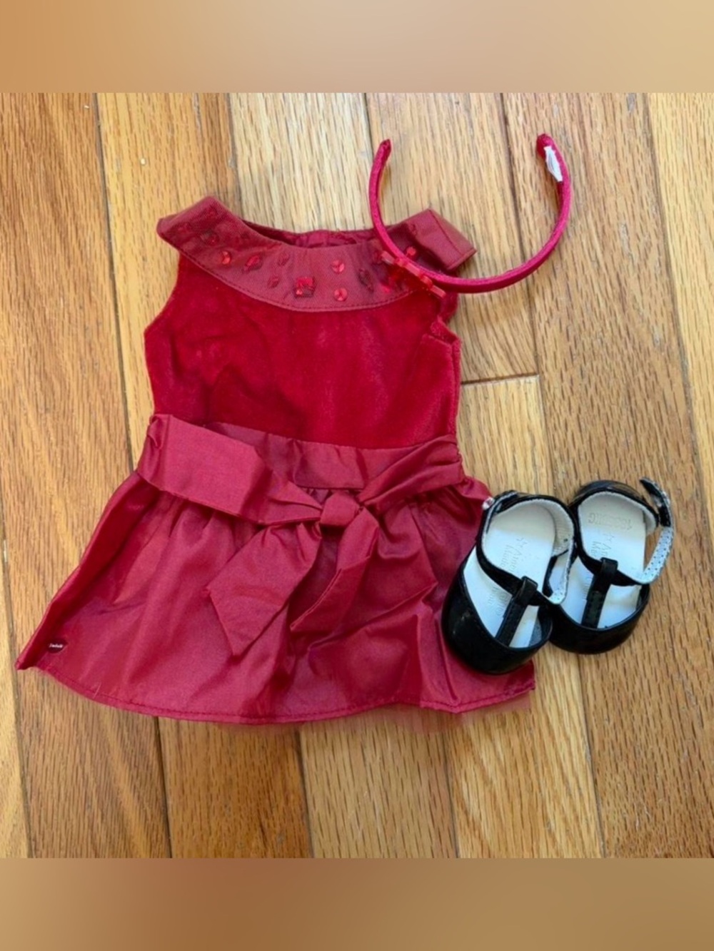 american girl doll joyful jewels outfit with red dress red headband and black sh